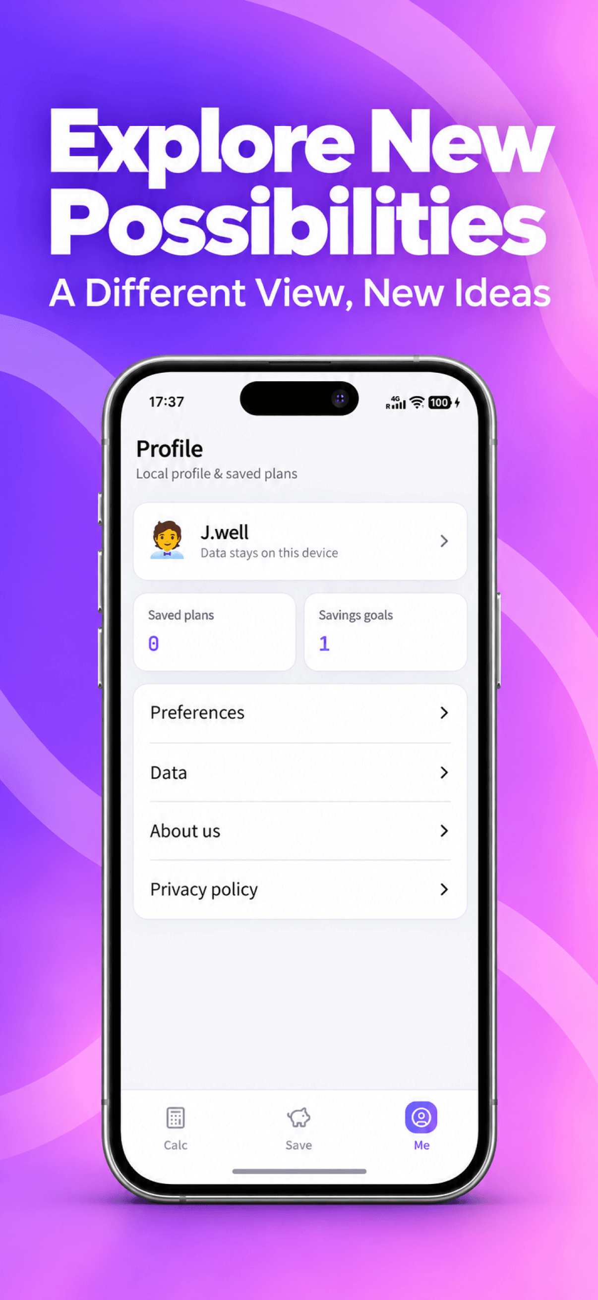 Explore New Possibilities: profile and saved plans.