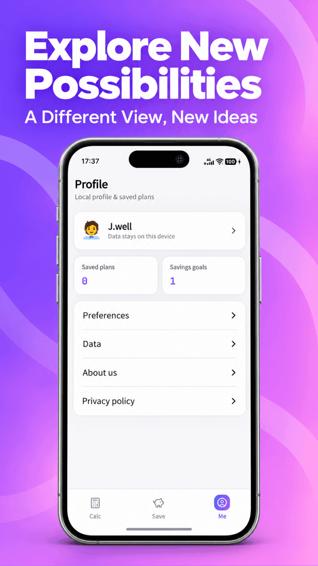 Explore New Possibilities: profile and saved plans.